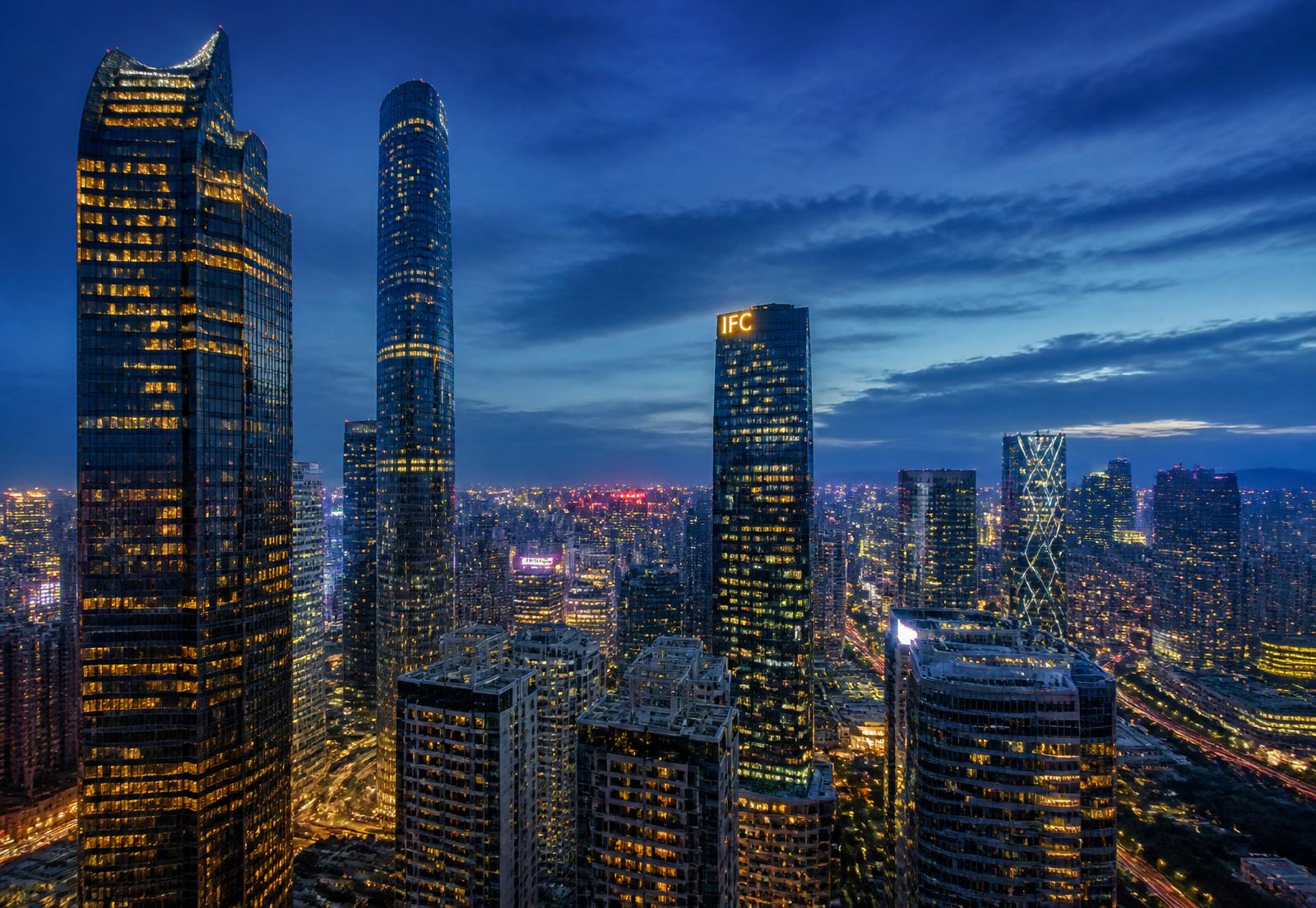 Financial district skyline at blue hour