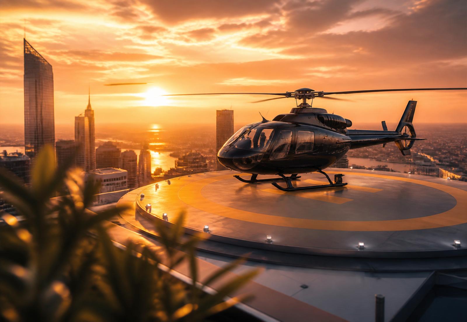 Executive helicopter on rooftop helipad