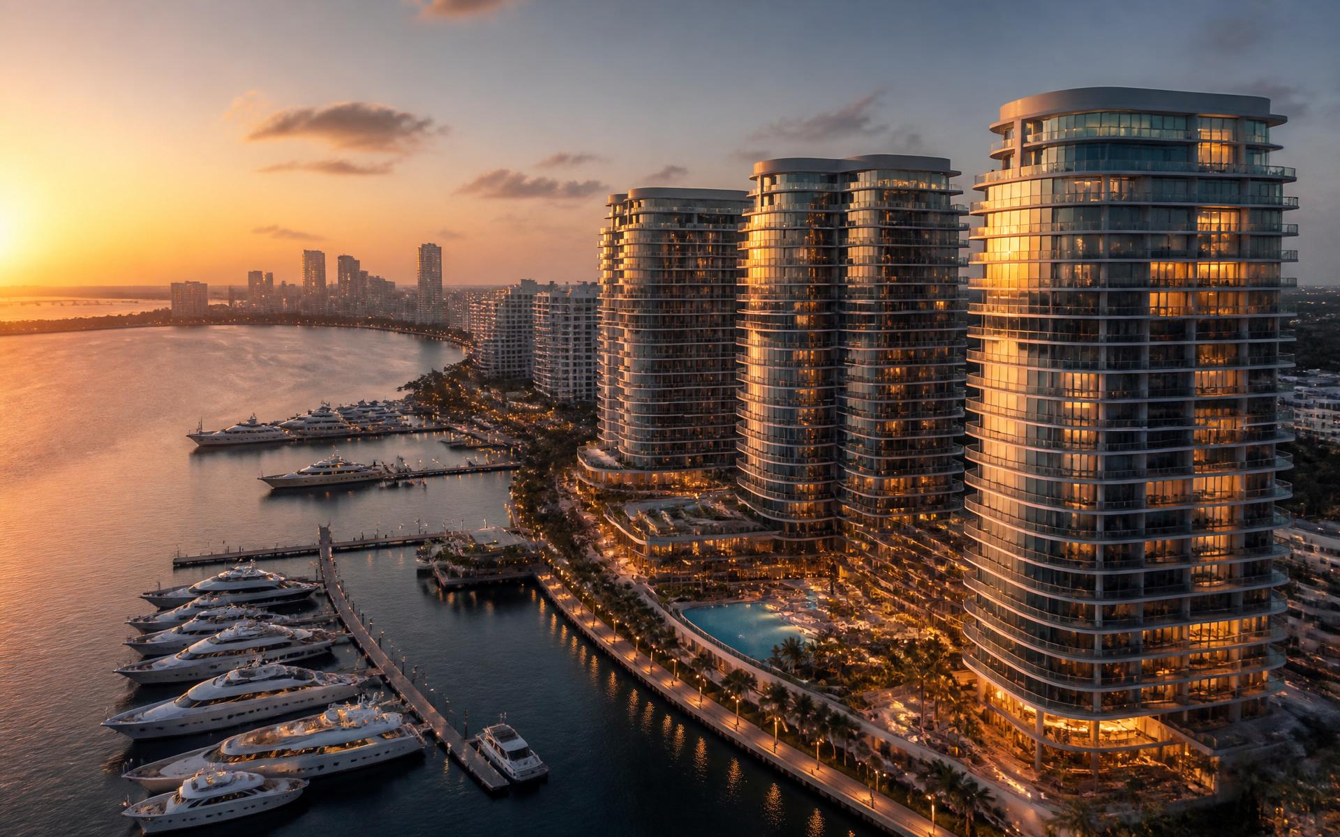 Luxury waterfront development at golden hour